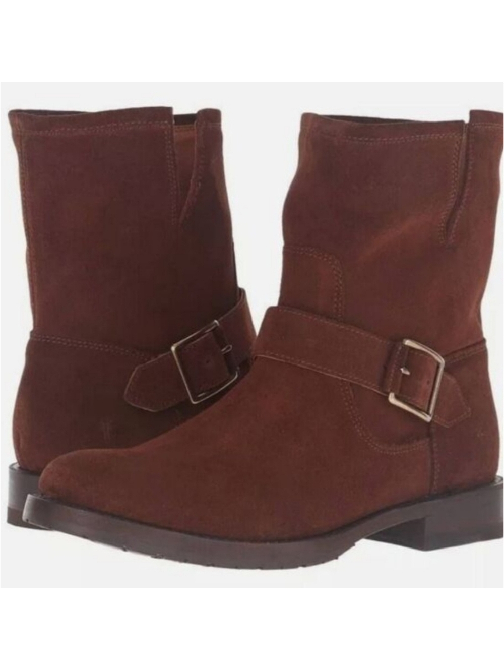 Frye Natalie Side Buckle Suede Engineer Short Boots Chestnut Brown Size 6.5